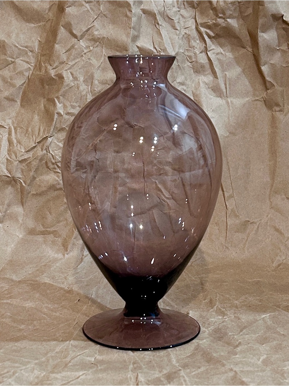 Vintage Veronese Style Bulbous Glass Vase Amethyst Flared Rim Stemmed Base 8"